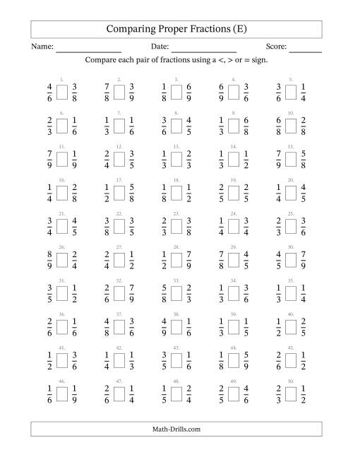 The Comparing Proper Fractions to Ninths (No Sevenths) (E) Math Worksheet