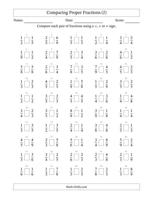 The Comparing Proper Fractions to Ninths (No Sevenths) (J) Math Worksheet