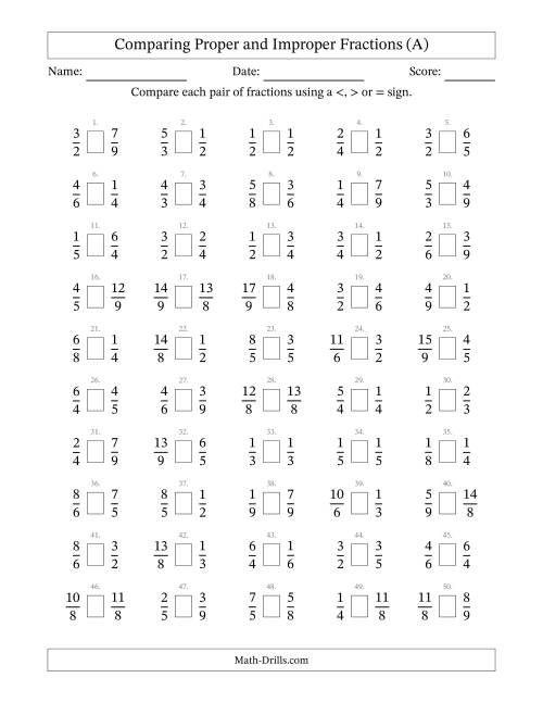The Comparing Proper and Improper Fractions to Ninths (No Sevenths) (A) Math Worksheet