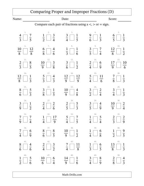 The Comparing Proper and Improper Fractions to Ninths (No Sevenths) (D) Math Worksheet