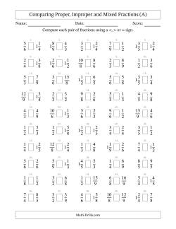 Comparing Proper, Improper and Mixed Fractions to Ninths (No Sevenths)