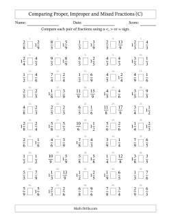 Comparing Mixed Fractions to 9ths -- No 7ths (C) Fractions Worksheet