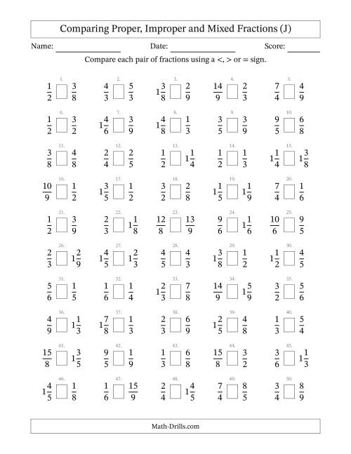 The Comparing Proper, Improper and Mixed Fractions to Ninths (No Sevenths) (J) Math Worksheet