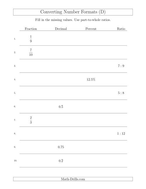 The Converting Between Fractions, Decimals, Percents and Part-to-Whole Ratios (D) Math Worksheet