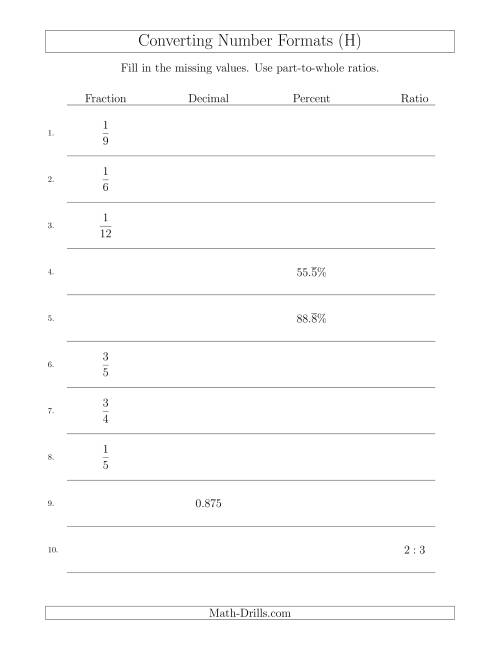 The Converting Between Fractions, Decimals, Percents and Part-to-Whole Ratios (H) Math Worksheet