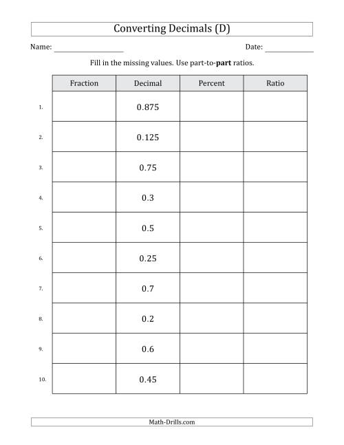 The Converting from Decimals to Fractions, Percents and Part-to-Part Ratios (Terminating Decimals Only) (D) Math Worksheet