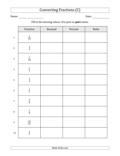 The Converting from Fractions to Decimals, Percents and Part-to-Part Ratios (Terminating Decimals Only) (C) Math Worksheet