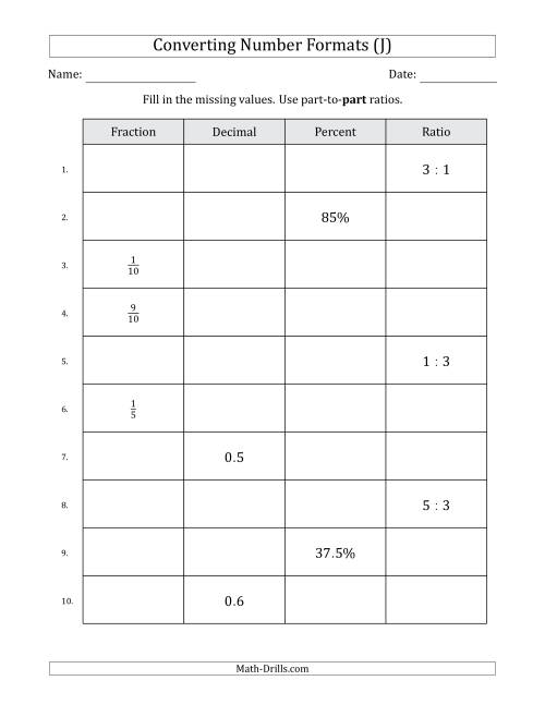 The Converting Between Fractions, Decimals, Percents and Part-to-Part Ratios (Terminating Decimals Only) (J) Math Worksheet