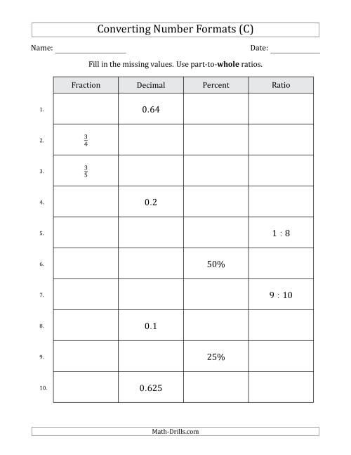 The Converting Between Fractions, Decimals, Percents and Part-to-Whole Ratios (Terminating Decimals Only) (C) Math Worksheet