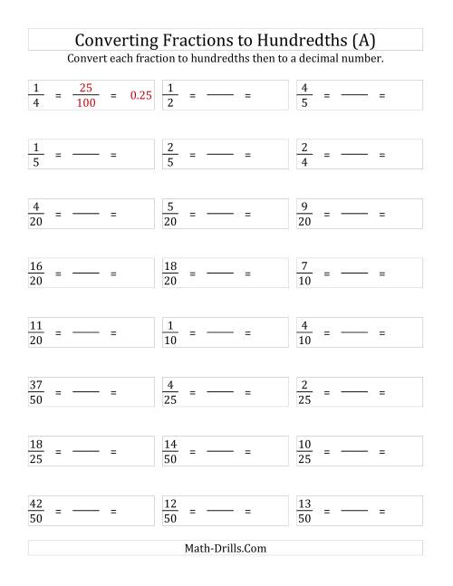 The Converting Fractions to Hundredths (A) Math Worksheet