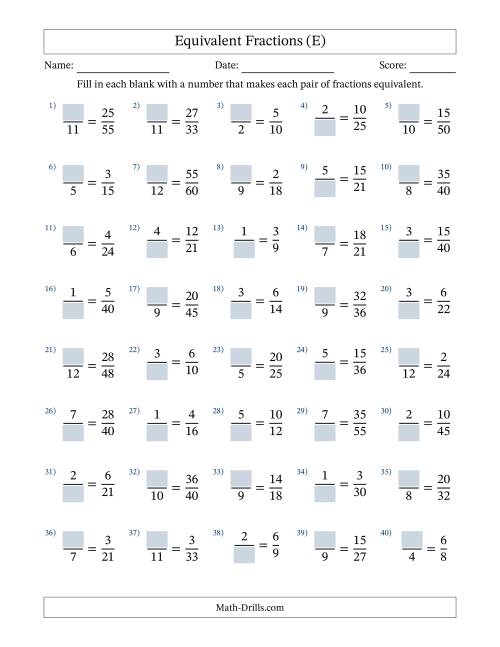 The Equivalent Fractions with Blanks (Divide Left) (E) Math Worksheet