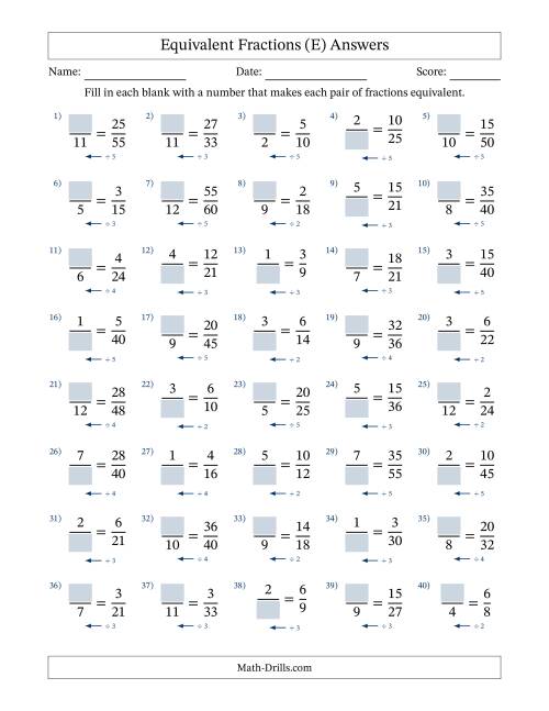 The Equivalent Fractions with Blanks (Divide Left) (E) Math Worksheet Page 2
