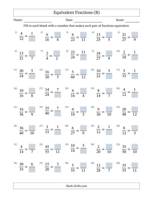 The Equivalent Fractions with Blanks (Divide Right) (B) Math Worksheet