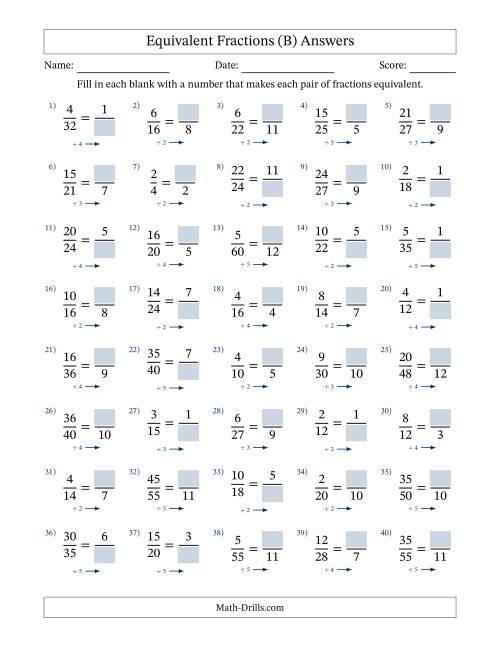 The Equivalent Fractions with Blanks (Divide Right) (B) Math Worksheet Page 2