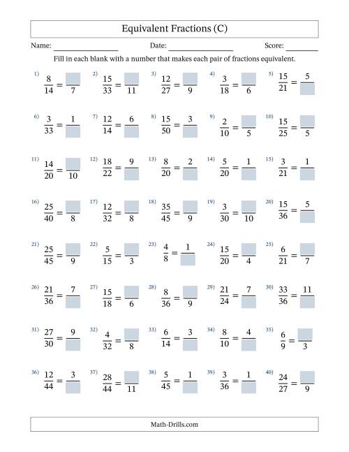 The Equivalent Fractions with Blanks (Divide Right) (C) Math Worksheet