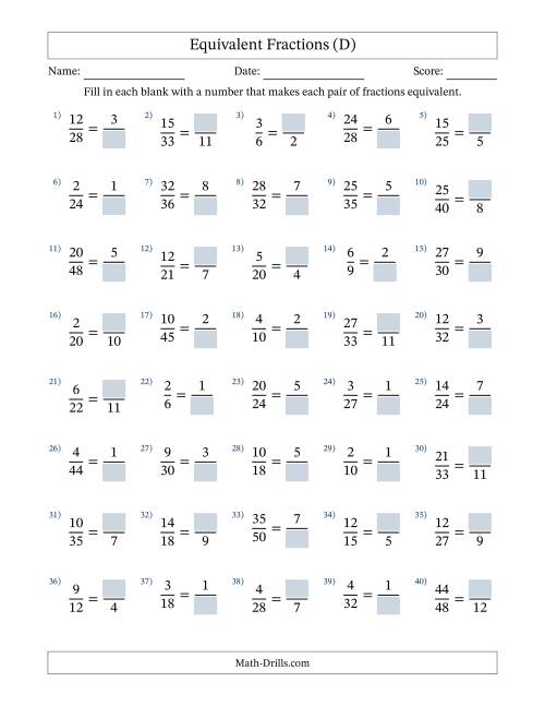 The Equivalent Fractions with Blanks (Divide Right) (D) Math Worksheet
