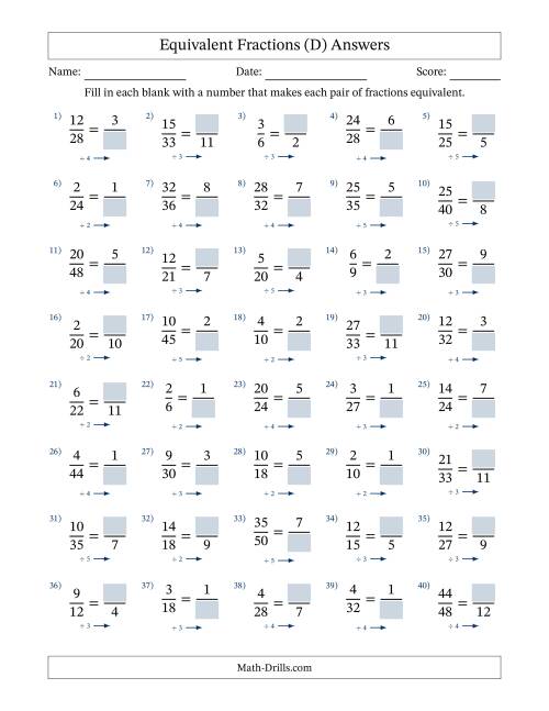 The Equivalent Fractions with Blanks (Divide Right) (D) Math Worksheet Page 2