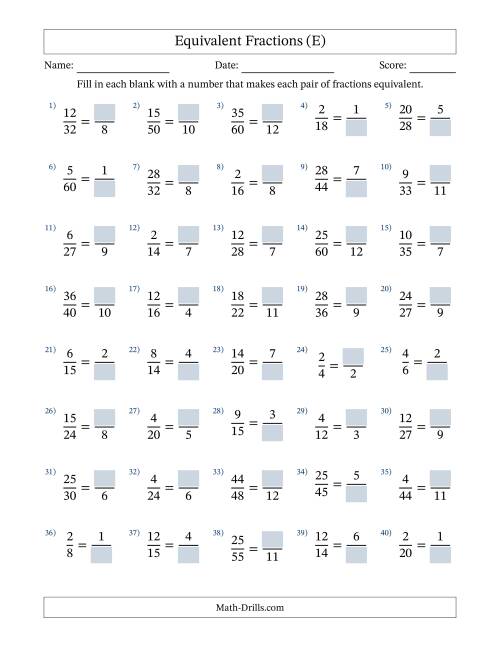 The Equivalent Fractions with Blanks (Divide Right) (E) Math Worksheet