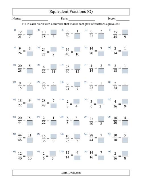 The Equivalent Fractions with Blanks (Divide Right) (G) Math Worksheet