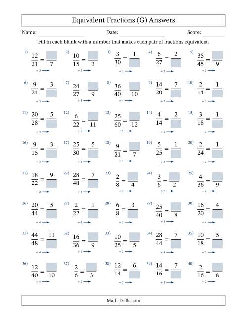 The Equivalent Fractions with Blanks (Divide Right) (G) Math Worksheet Page 2