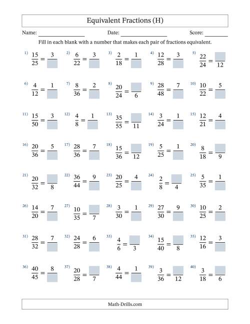 The Equivalent Fractions with Blanks (Divide Right) (H) Math Worksheet