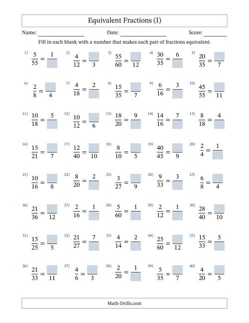 The Equivalent Fractions with Blanks (Divide Right) (I) Math Worksheet