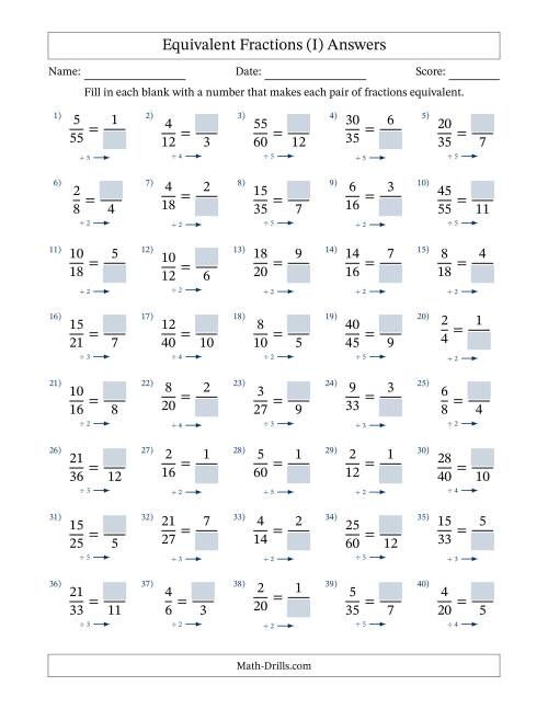 The Equivalent Fractions with Blanks (Divide Right) (I) Math Worksheet Page 2