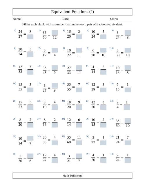 The Equivalent Fractions with Blanks (Divide Right) (J) Math Worksheet