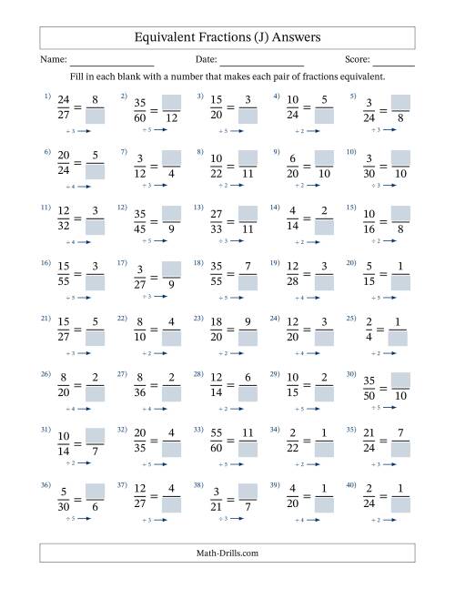 The Equivalent Fractions with Blanks (Divide Right) (J) Math Worksheet Page 2