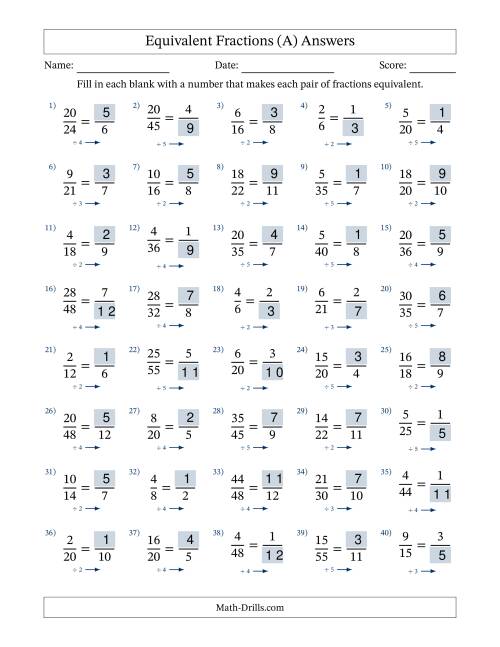 The Equivalent Fractions with Blanks (Divide Right) (All) Math Worksheet Page 2