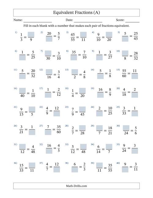 The Equivalent Fractions with Blanks (Multiply or Divide in Either Direction) (A) Math Worksheet