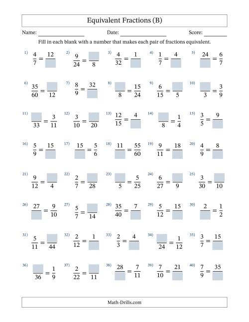 The Equivalent Fractions with Blanks (Multiply or Divide in Either Direction) (B) Math Worksheet