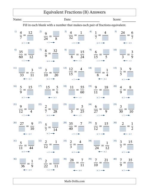 The Equivalent Fractions with Blanks (Multiply or Divide in Either Direction) (B) Math Worksheet Page 2