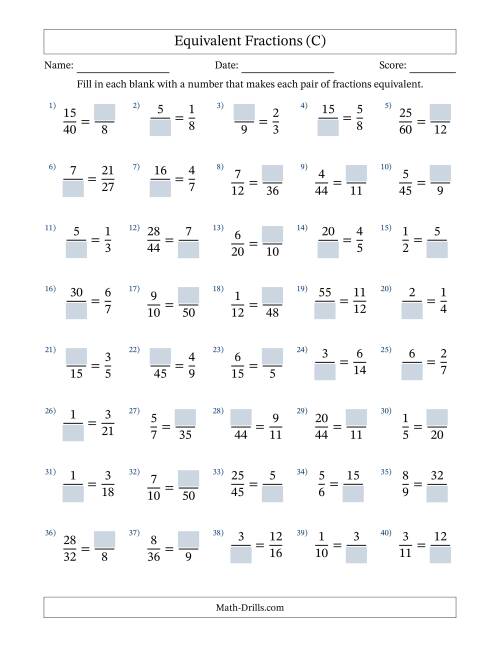 The Equivalent Fractions with Blanks (Multiply or Divide in Either Direction) (C) Math Worksheet