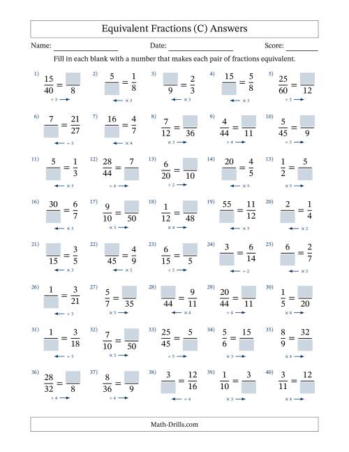 The Equivalent Fractions with Blanks (Multiply or Divide in Either Direction) (C) Math Worksheet Page 2