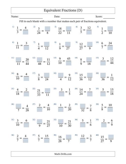 The Equivalent Fractions with Blanks (Multiply or Divide in Either Direction) (D) Math Worksheet