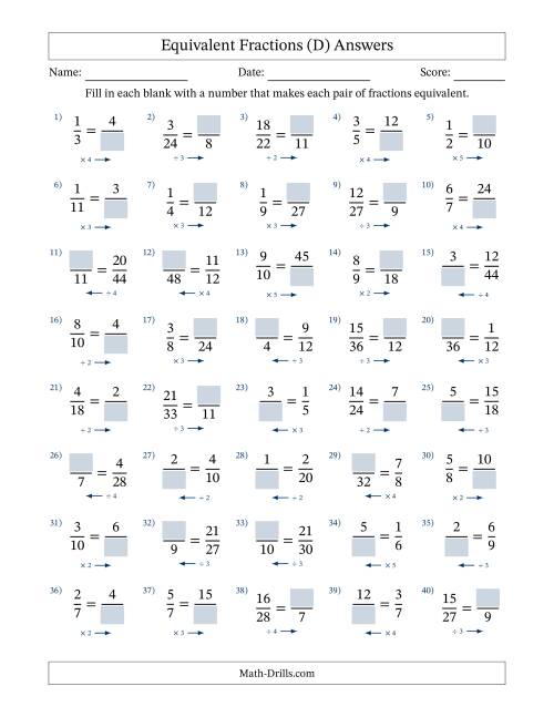The Equivalent Fractions with Blanks (Multiply or Divide in Either Direction) (D) Math Worksheet Page 2