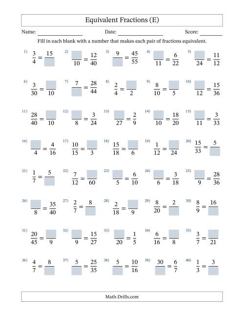The Equivalent Fractions with Blanks (Multiply or Divide in Either Direction) (E) Math Worksheet