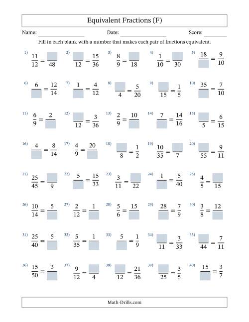 The Equivalent Fractions with Blanks (Multiply or Divide in Either Direction) (F) Math Worksheet