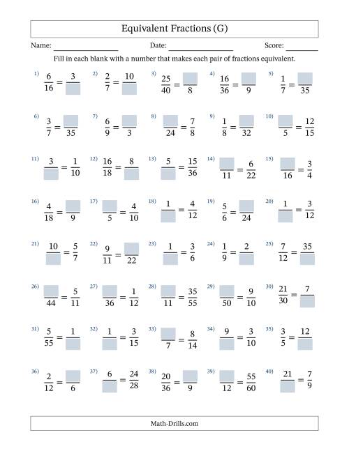 The Equivalent Fractions with Blanks (Multiply or Divide in Either Direction) (G) Math Worksheet