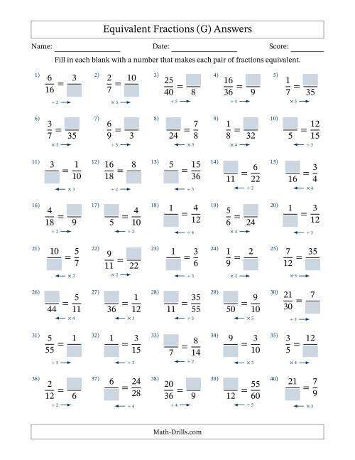 The Equivalent Fractions with Blanks (Multiply or Divide in Either Direction) (G) Math Worksheet Page 2