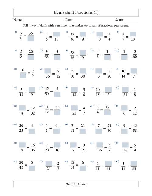 The Equivalent Fractions with Blanks (Multiply or Divide in Either Direction) (I) Math Worksheet