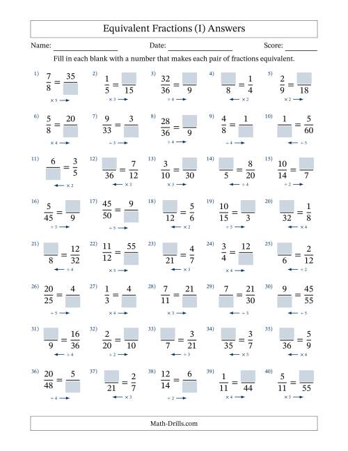 The Equivalent Fractions with Blanks (Multiply or Divide in Either Direction) (I) Math Worksheet Page 2