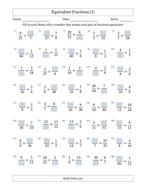 The Equivalent Fractions with Blanks (Multiply or Divide in Either Direction) (J) Math Worksheet