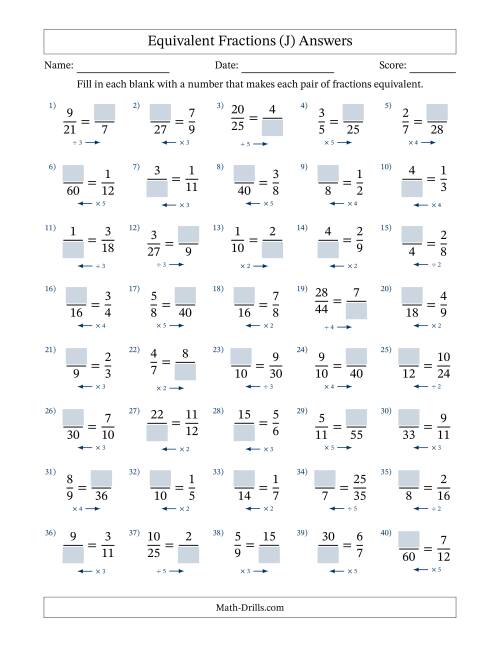 The Equivalent Fractions with Blanks (Multiply or Divide in Either Direction) (J) Math Worksheet Page 2