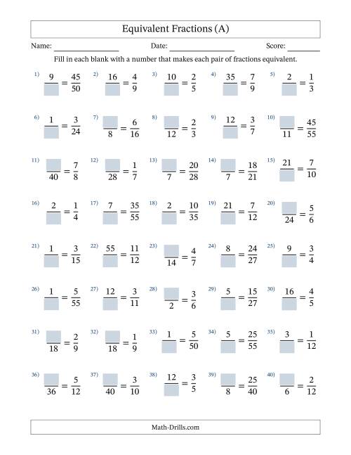 The Equivalent Fractions with Blanks (Multiply or Divide Left) (A) Math Worksheet