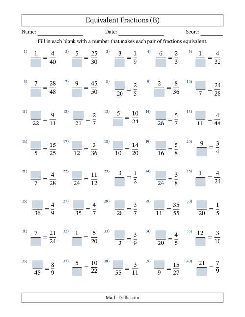 The Equivalent Fractions with Blanks (Multiply or Divide Left) (B) Math Worksheet