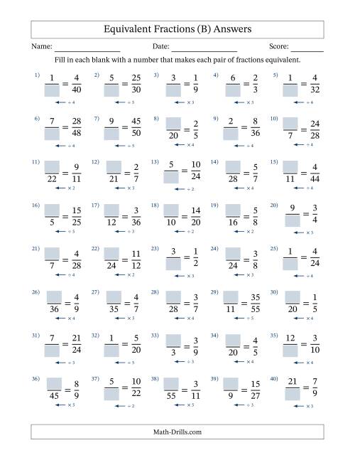 The Equivalent Fractions with Blanks (Multiply or Divide Left) (B) Math Worksheet Page 2