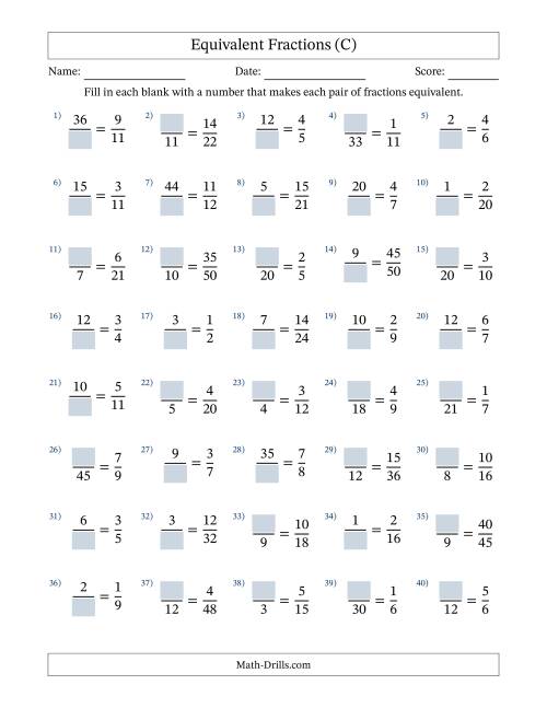 The Equivalent Fractions with Blanks (Multiply or Divide Left) (C) Math Worksheet