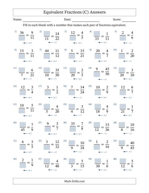 The Equivalent Fractions with Blanks (Multiply or Divide Left) (C) Math Worksheet Page 2